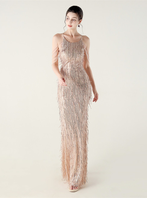 In Stock:Ship in 48 Hours Gold Tassel Sequins Beading Halter Party Dress