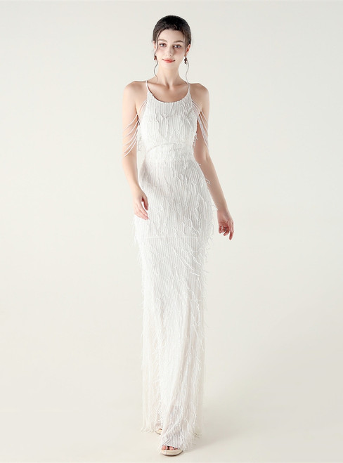 In Stock:Ship in 48 Hours White Tassel Sequins Beading Halter Party Dress