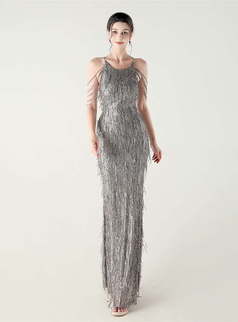 In Stock:Ship in 48 Hours Gray Sequins Beading Halter Party Dress