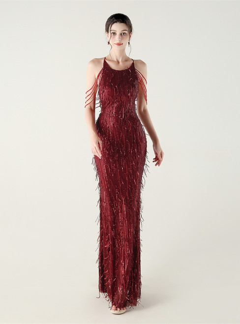 In Stock:Ship in 48 Hours Elegant Burgundy Sequins Beading Halter Party Dress