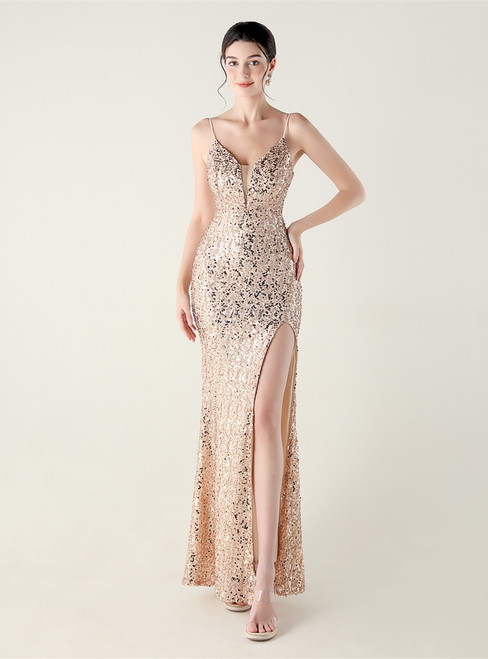 In Stock:Ship in 48 Hours Fashion Gold Sequins Straps Party Dress