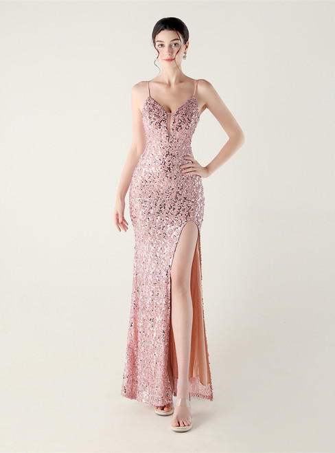In Stock:Ship in 48 Hours Cheap Pink Sequins Straps Party Dress