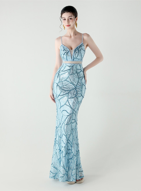 In Stock:Ship in 48 Hours Trendy Sky Blue Sequins Straps Beading Party Dress