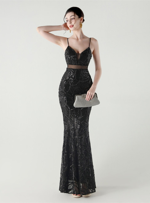 In Stock:Ship in 48 Hours Dreamy Black Sequins Straps Beading Party Dress