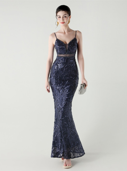 In Stock:Ship in 48 Hours Fabulous Navy Blue Sequins Straps Beading Party Dress
