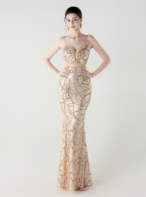 In Stock:Ship in 48 Hours Attractive Gold Sequins Straps Beading Party Dress