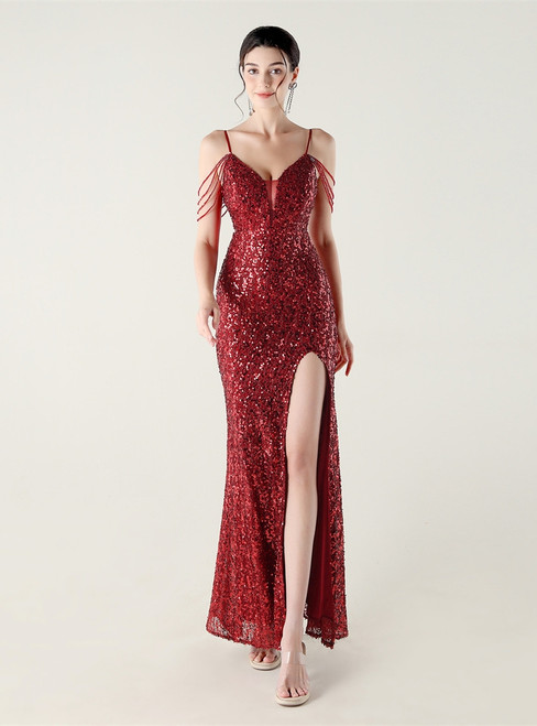 In Stock:Ship in 48 Hours High quality Burgundy Sequins Straps Party Dress