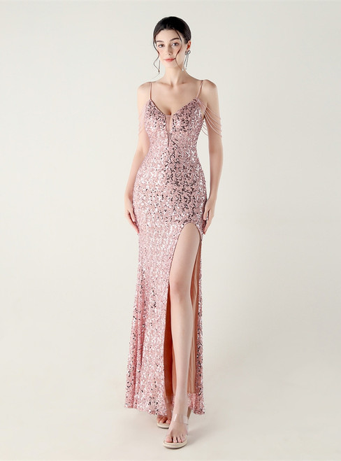 In Stock:Ship in 48 Hours Popular Mermaid Pink Sequins Straps Party Dress