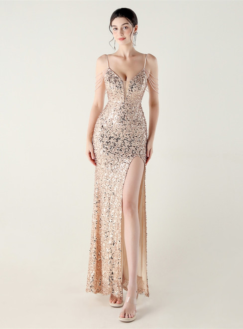 In Stock:Ship in 48 Hours New Gold Mermaid Sequins Straps Party Dress