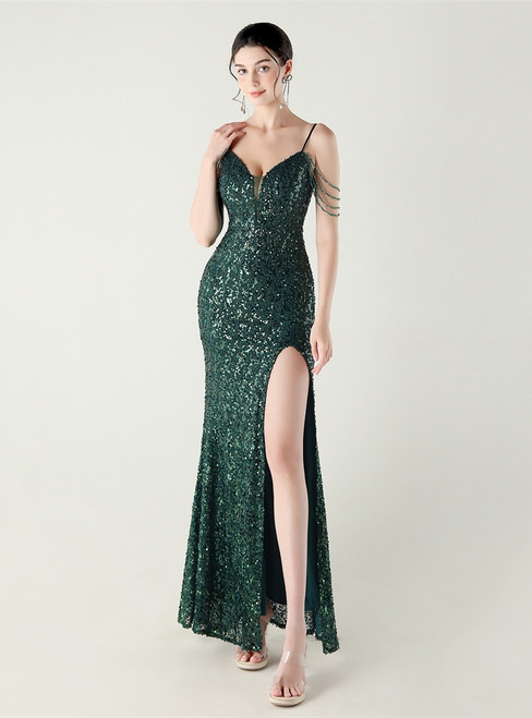 In Stock:Ship in 48 Hours Best Dark Green Mermaid Sequins Straps Party Dress