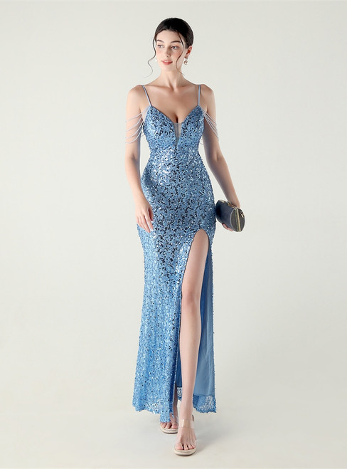 In Stock:Ship in 48 Hours New arrivals Sky Blue Mermaid Sequins Straps Party Dress