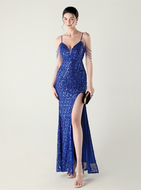 In Stock:Ship in 48 Hours Royal Blue Mermaid Sequins Straps Party Dress