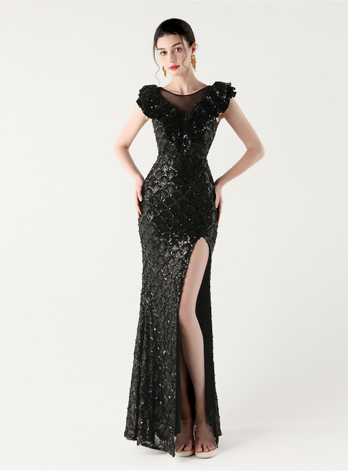 In Stock:Ship in 48 Hours Queenly Black Mermaid Sequins Split Party Dress