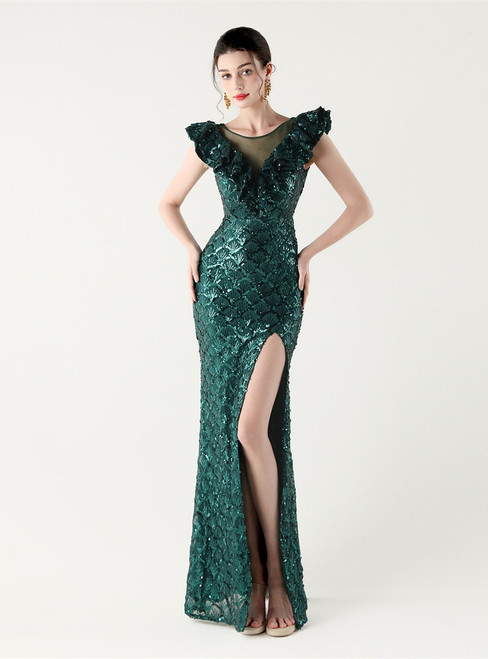 In Stock:Ship in 48 Hours Dreamy Dark Green Mermaid Sequins Split Party Dress