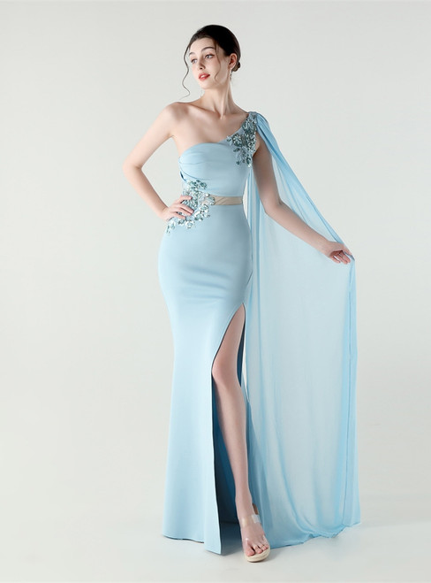 In Stock:Ship in 48 Hours Light Blue One Shoulder Appliques Party Dress