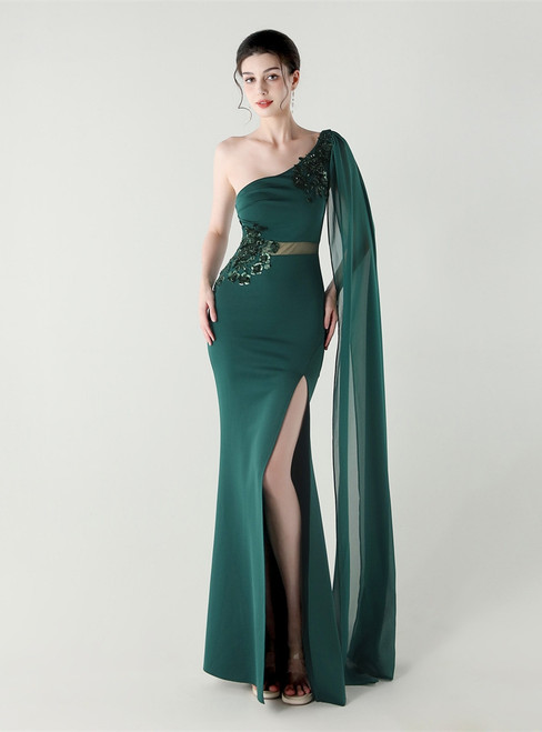 In Stock:Ship in 48 Hours Green One Shoulder Appliques Party Dress