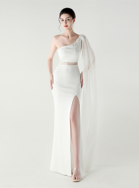 In Stock:Ship in 48 Hours White One Shoulder Appliques Party Dress