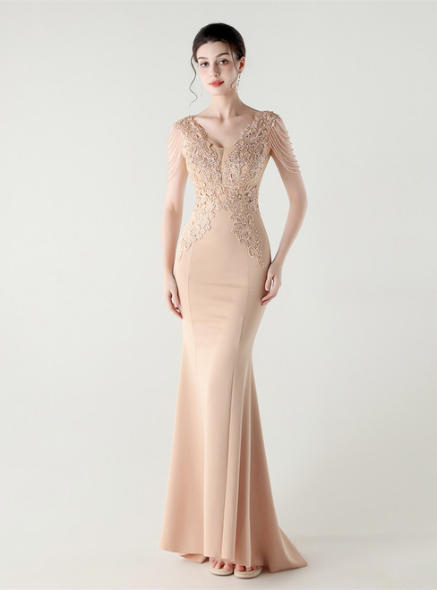 In Stock:Ship in 48 Hours Apricot Mermaid V-neck Lace Beading Party Dress