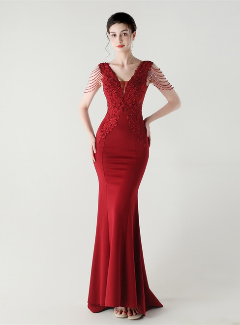 In Stock:Ship in 48 Hours Burgundy Mermaid V-neck Lace Beading Party Dress