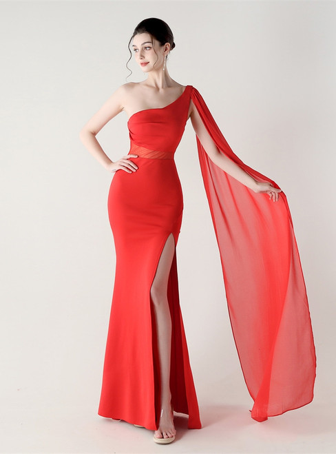 In Stock:Ship in 48 Hours Red One Shoulder Split Party Dress