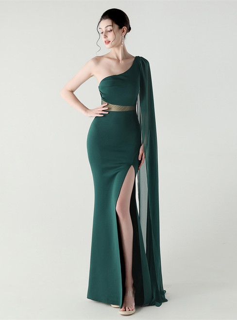 In Stock:Ship in 48 Hours Cheap Green One Shoulder Split Party Dress