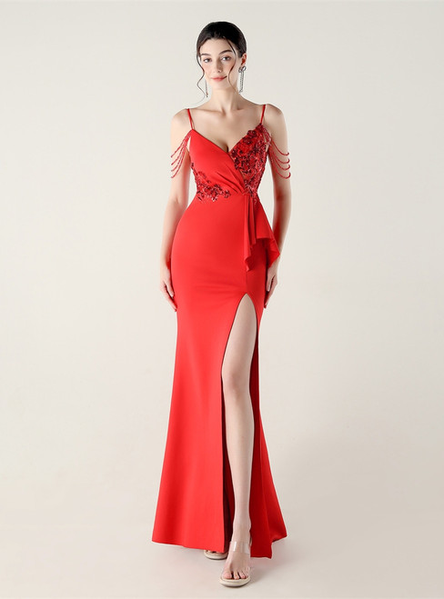 In Stock:Ship in 48 Hours Red Straps Appliques Beading Party Dress