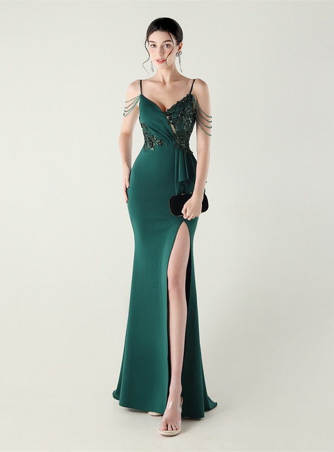 In Stock:Ship in 48 Hours Green Straps Appliques Beading Party Dress