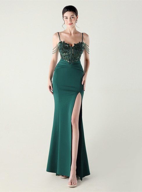 In Stock:Ship in 48 Hours Green Lace Beading Straps Party Dress