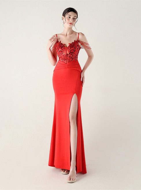 In Stock:Ship in 48 Hours Red Lace Beading Straps Party Dress