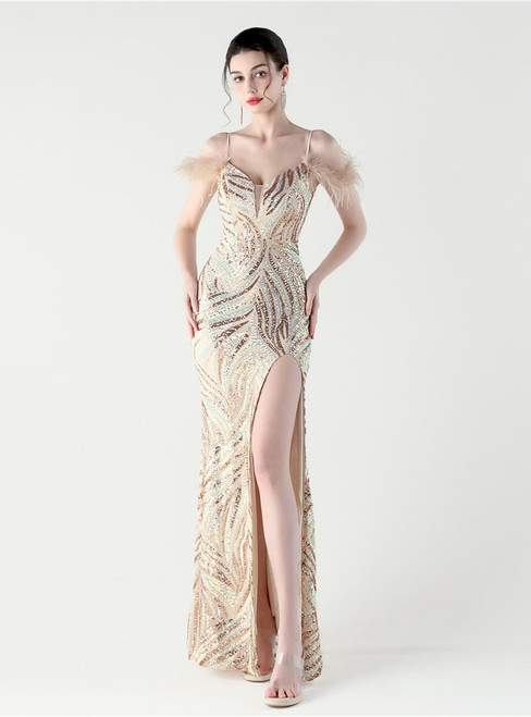 In Stock:Ship in 48 Hours Fabulous Gold Mermaid Sequins Feather Party Dress