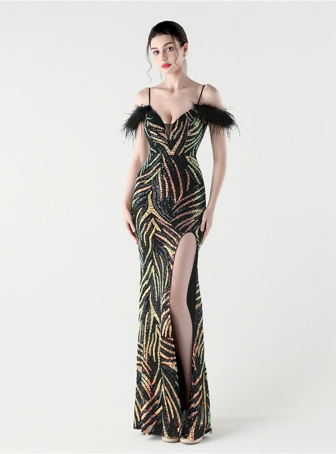 In Stock:Ship in 48 Hours Black Mermaid Sequins Feather Party Dress