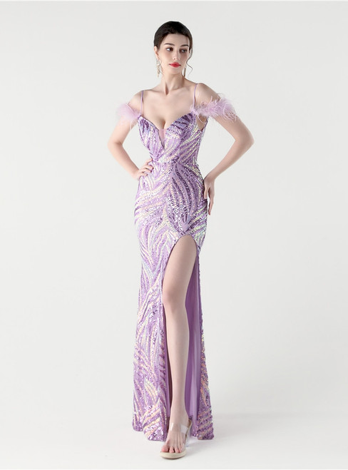 In Stock:Ship in 48 Hours Purple Mermaid Sequins Feather Party Dress
