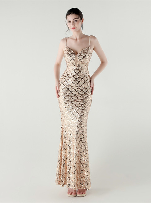 In Stock:Ship in 48 Hours Impressive Gold Sequins Straps Party Dress