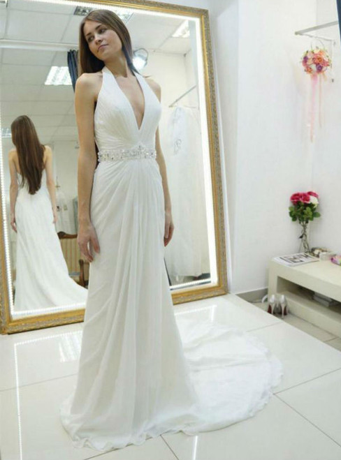 Chiffon Wedding Dress with Beading Halter Wedding Gown Backless Wedding Dress With Sweep Train