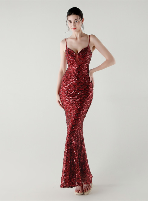 In Stock:Ship in 48 Hours Winsome Burgundy Sequins Straps Party Dress