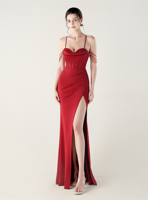 In Stock:Ship in 48 Hours Burgundy Mermaid Straps Pleats Party Dress