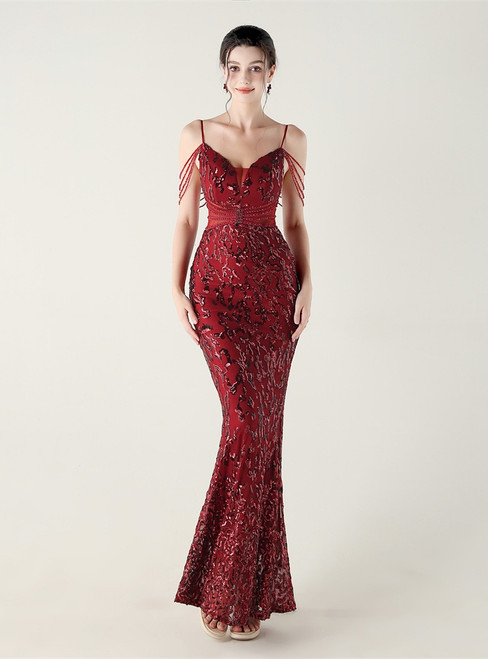 In Stock:Ship in 48 Hours Splendid Burgundy Sequins Beading Party Dress