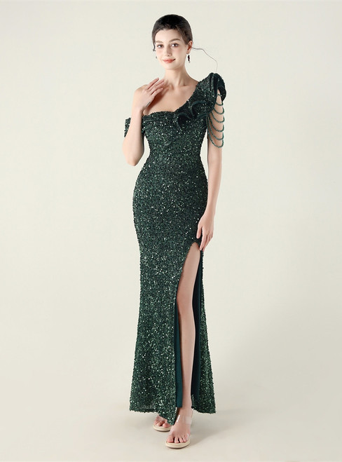 In Stock:Ship in 48 Hours Green Mermaid Sequins Split One Shoulder Party Dress