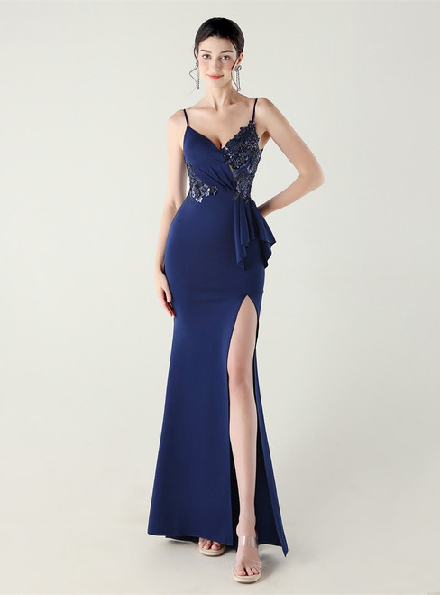 In Stock:Ship in 48 Hours Navy Blue Split Straps Appliques Party Dress