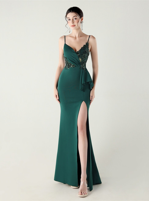 In Stock:Ship in 48 Hours Green Split Straps Appliques Party Dress