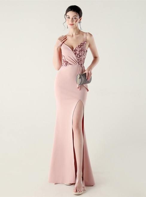 In Stock:Ship in 48 Hours Pink Split Straps Appliques Party Dress
