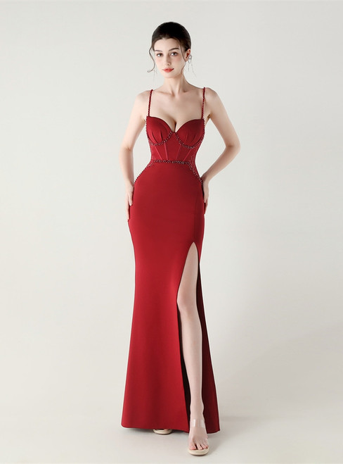 In Stock:Ship in 48 Hours Burgundy Mermaid Straps Beading Party Dress