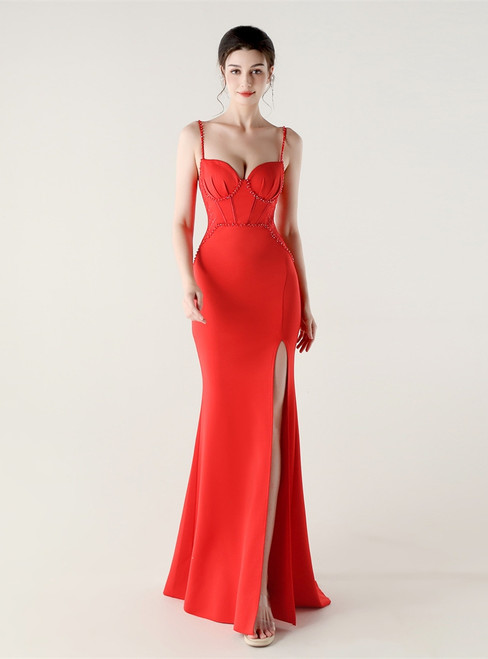 In Stock:Ship in 48 Hours Red Mermaid Straps Beading Party Dress