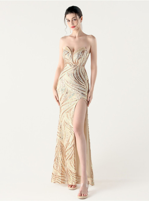 In Stock:Ship in 48 Hours Cheap Gold Mermaid Sequins Beading Party Dress