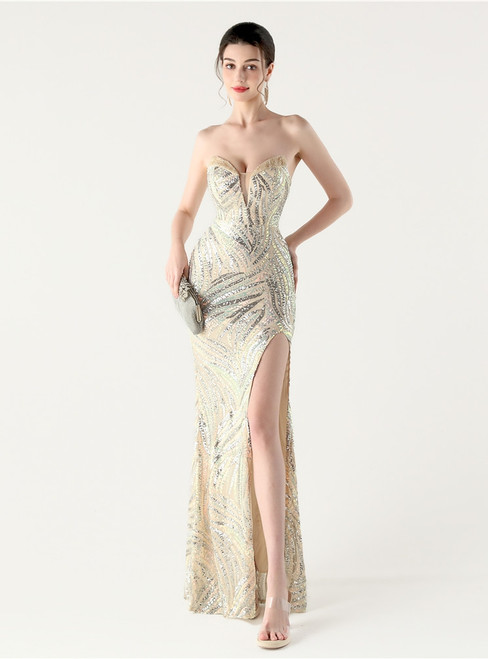 In Stock:Ship in 48 Hours Queenly Apricot Silver Mermaid Sequins Beading Party Dress