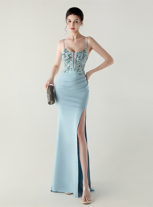 In Stock:Ship in 48 Hours Sky Blue Mermaid Sequins Pearls Party Dress