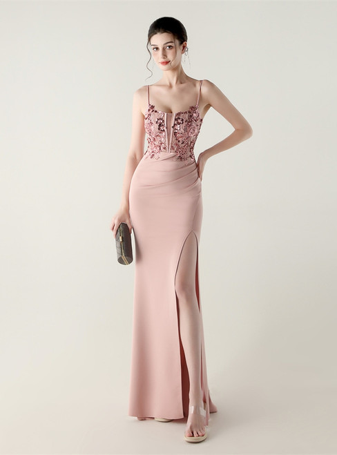 In Stock:Ship in 48 Hours Pink Mermaid Sequins Pearls Party Dress