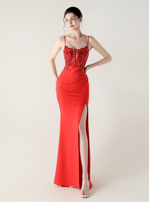In Stock:Ship in 48 Hours Red Mermaid Sequins Pearls Party Dress