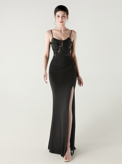 In Stock:Ship in 48 Hours Black Mermaid Sequins Pearls Party Dress