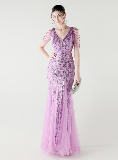 In Stock:Ship in 48 Hours Lavender V-neck Sequins Tulle Party Dress